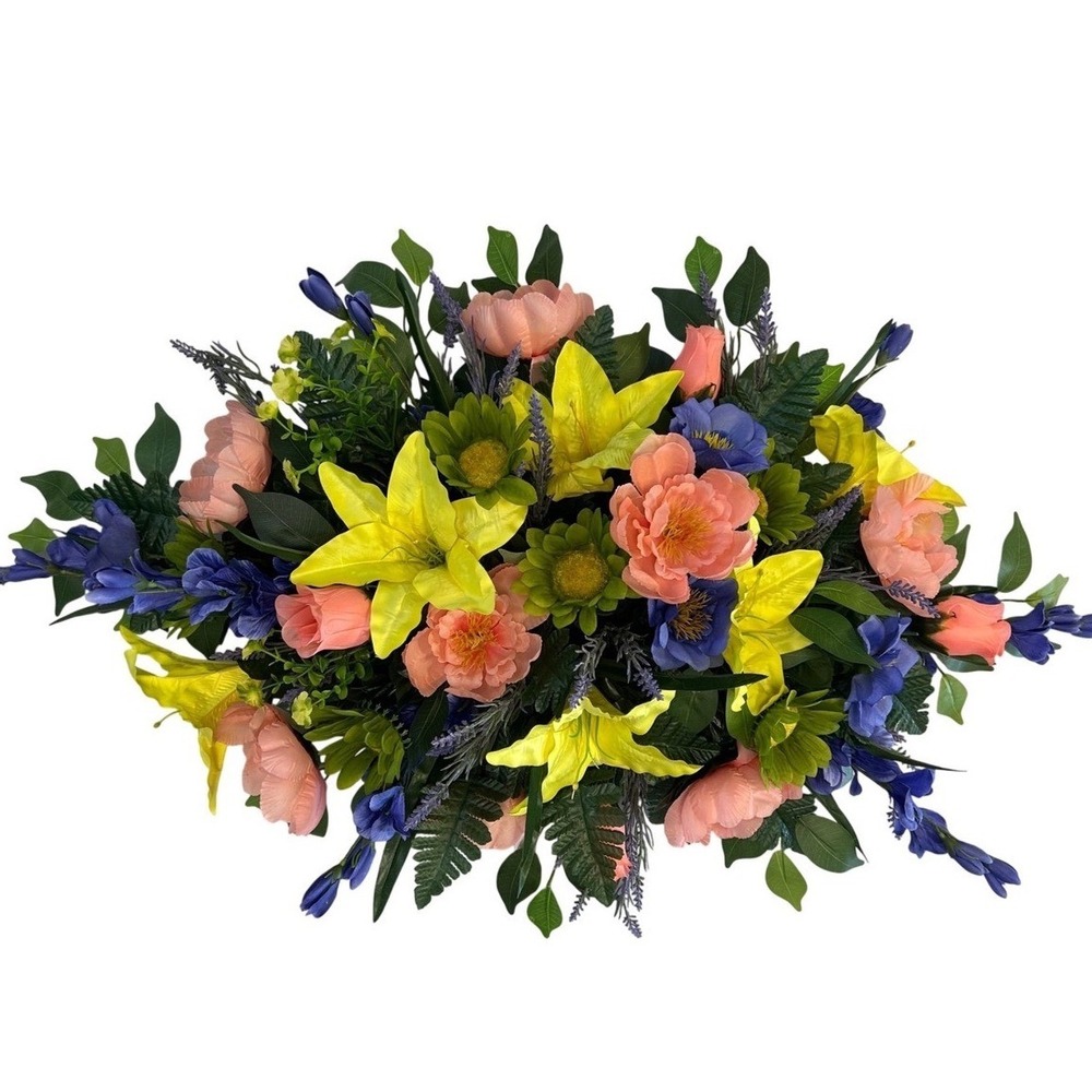 Large Artificial Floral Cemetery Spray Yellow Lily Coral Peony 36 Inch Swag